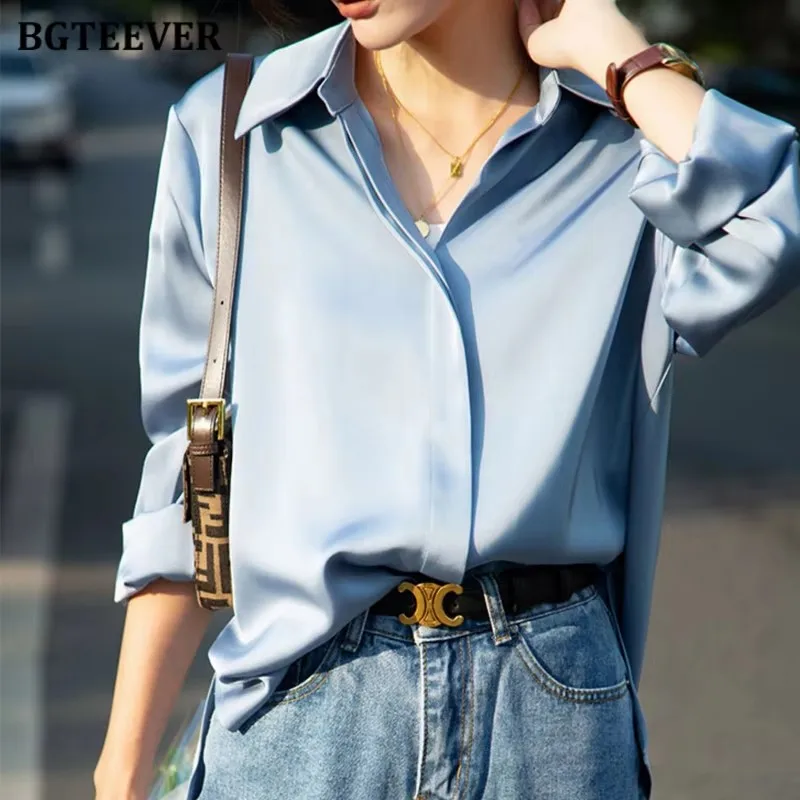 BGTEEVER Frühjahr Mode Lose Frauen Satin Blusen Elegante Langarm einreiher Damen Shirts Weibliche Solide Tops