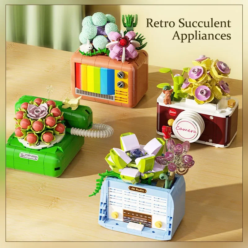 

Succulent Flower Retro Appliance Camera TV Radio Telephone Building Blocks Bricks Set DIY Toys for Kids Birthday Gifts