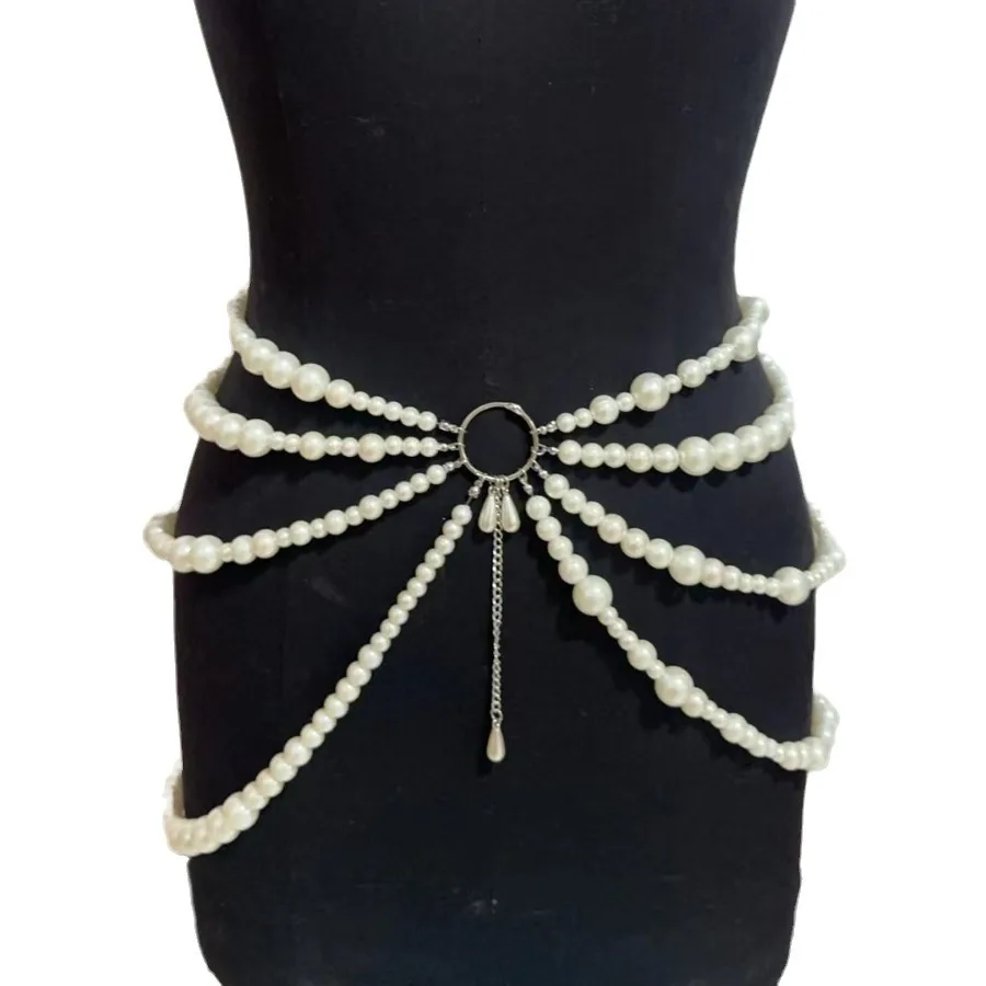 

Multi-layer Hand-woven Plastic Pearls Waist Chain for Women Dance Show Belly Chain European Night Club Pearls Belt Body Chain