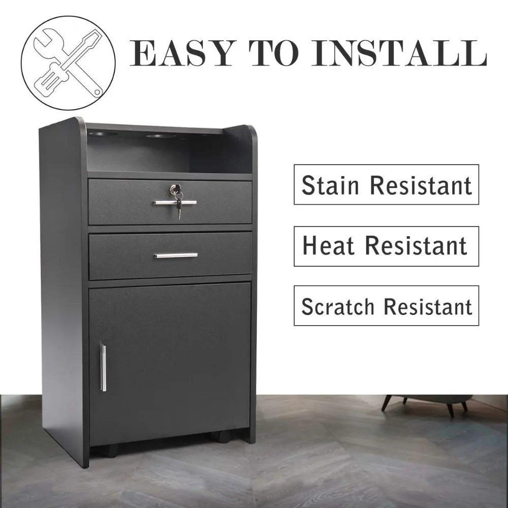 Mobilna stacja fryzjerska z zamkniętą przestrzenią do przechowywania, 2 uchwytami na suszarki i 4 kółkami