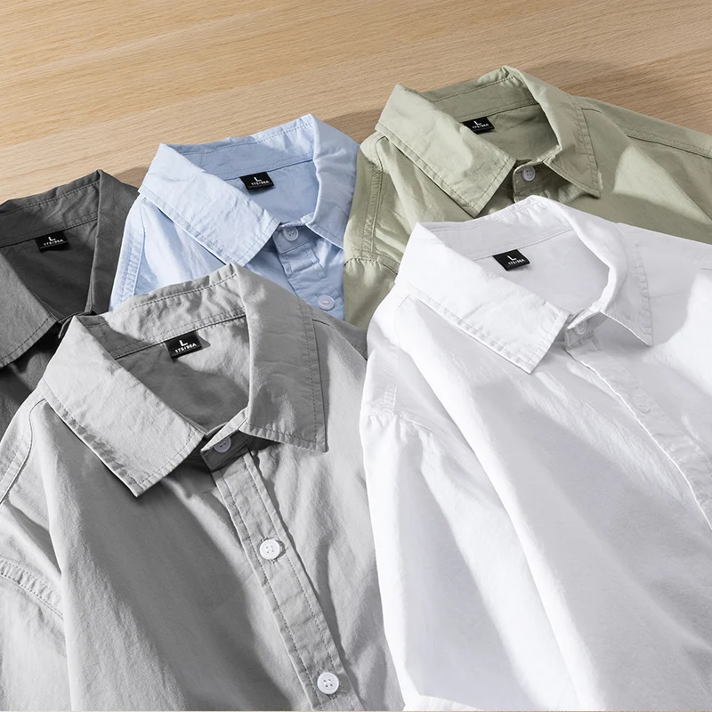 

Korean Style 100% Pure Cotton Short Sleeve Shirt For Men Summer Lightweight Loose Casual Chest Pockets Button Down White Shirt