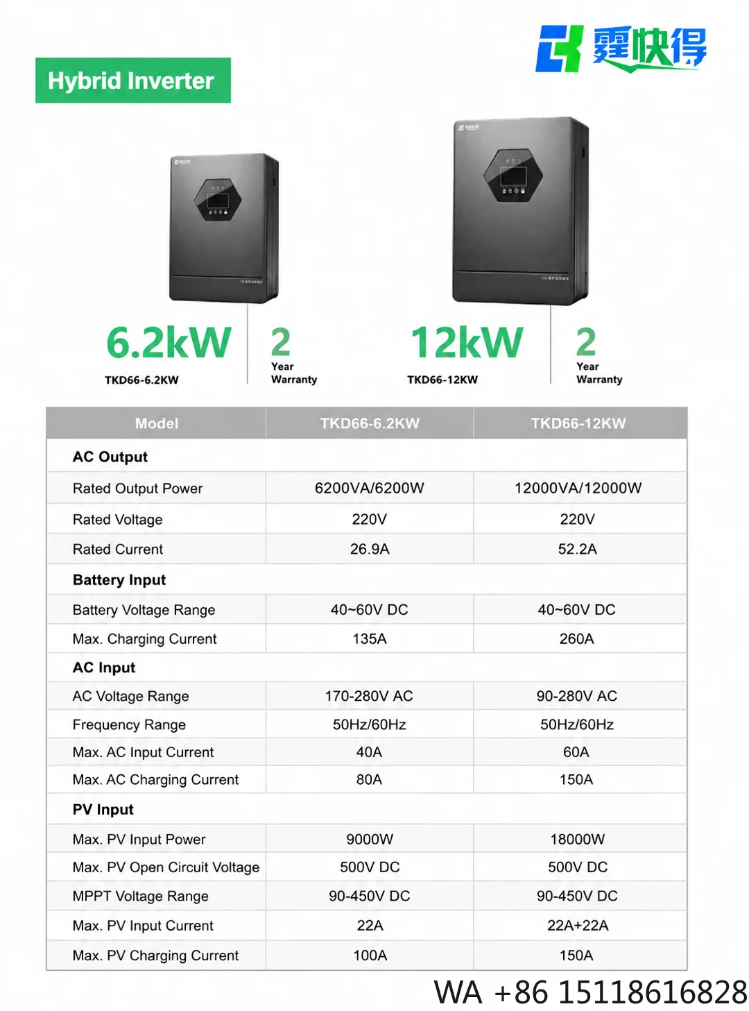 Smart Plug-and-Play IP20 Hybrid Solar Inverter TKD TKD66-12KW 220V Rated for Home Use with 2-Year Warranty