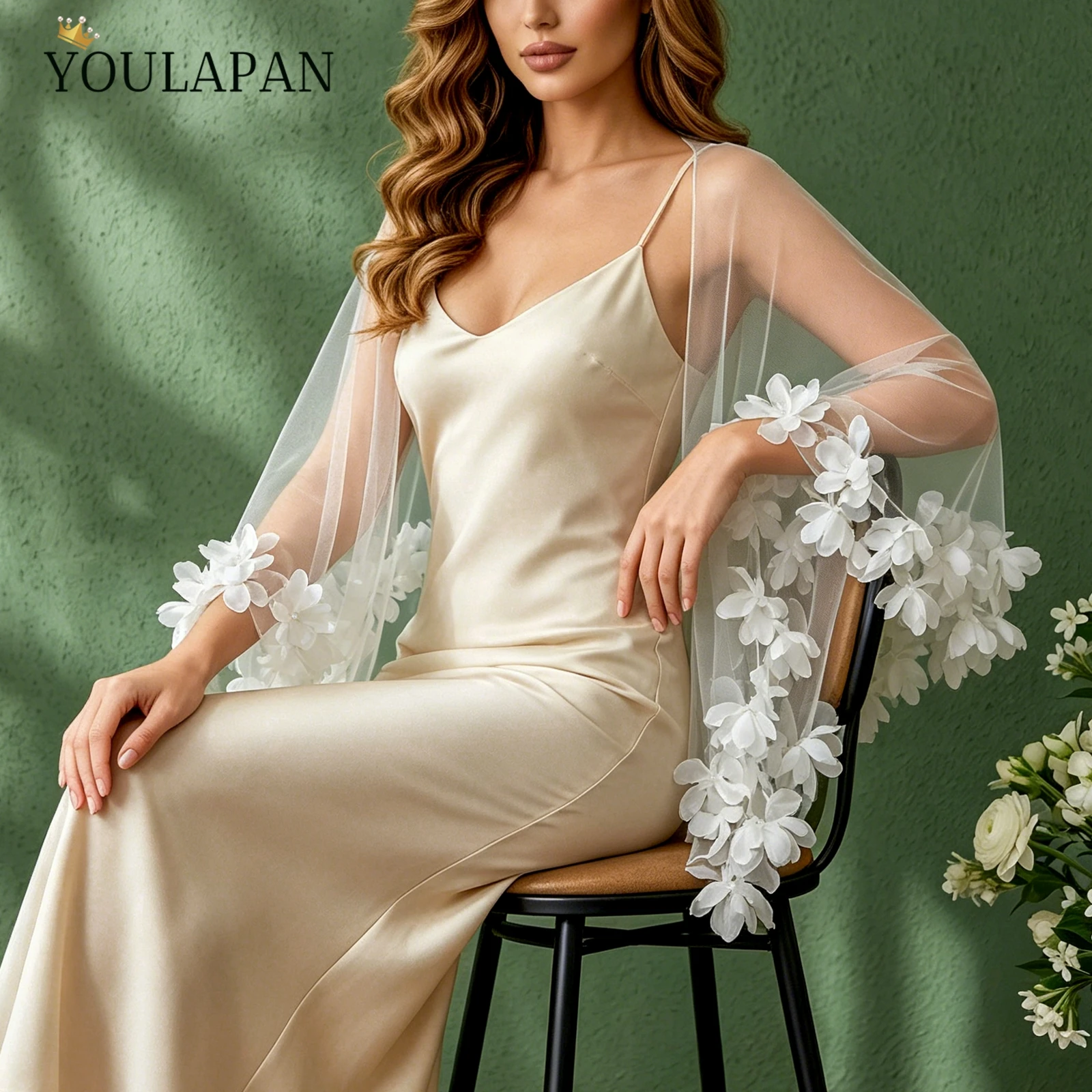 TOPQUEEN MG20 Brautschal mit Blumenrand, Tüll, Damen-Bolero, Brautjacke, Hochzeitsschleier, Capa Boda Novia, DIY, anpassbar – Detail 4
