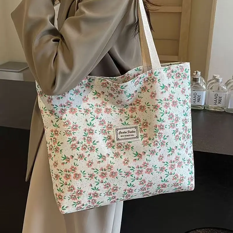 Spring Floral Canvas Shoulder Bag Women's Simple Versatile Large Capacity Open Mouth Commuter Bag for Class And Work