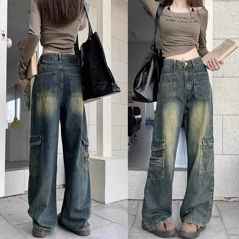 plus Size Women's American High Street Workwear Jeans Straight Leg Loose Fit High Waist Wide Leg Floor-Length Pants