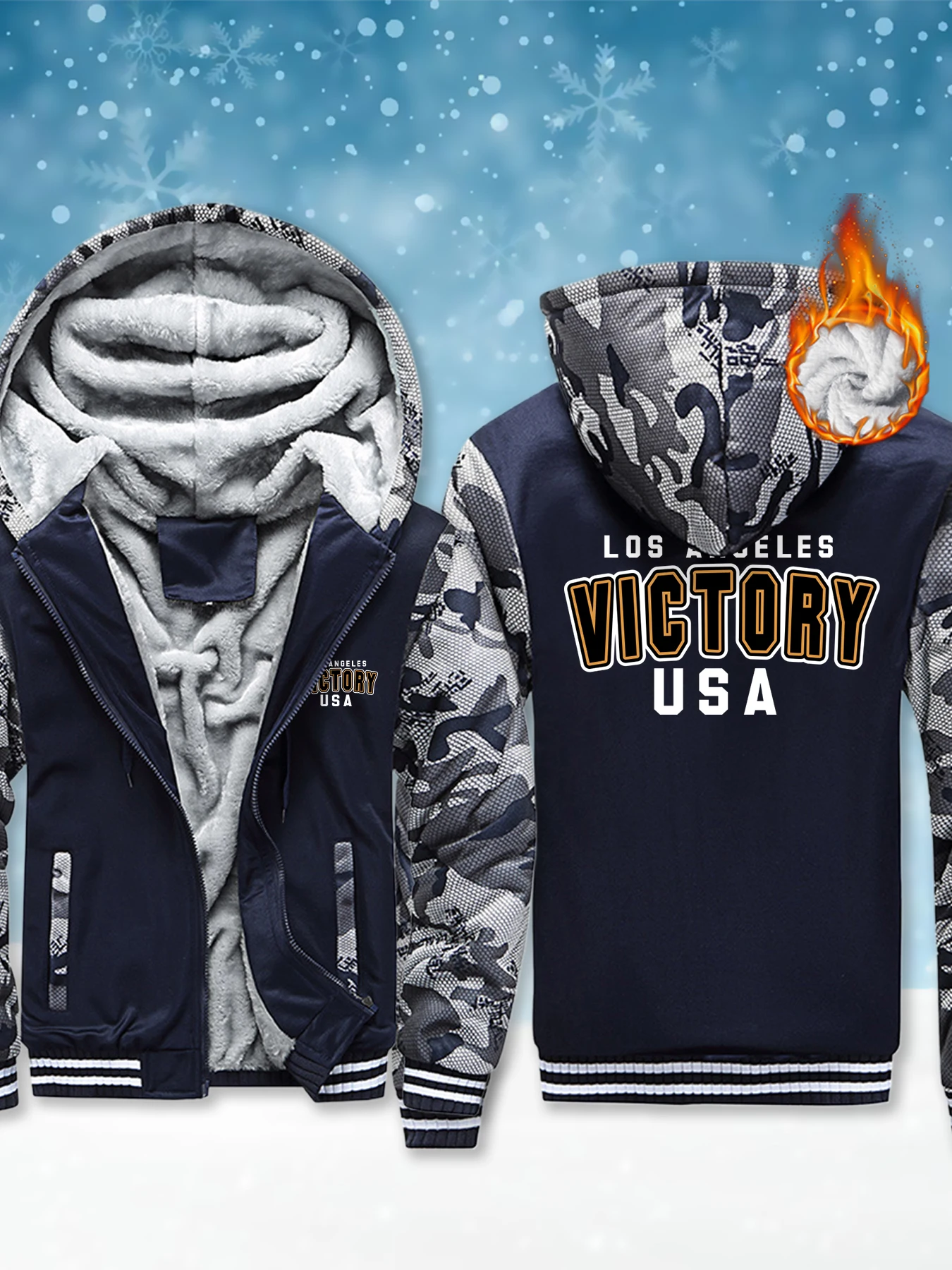

Victory USA Los Angeles Printing Men Coat Warm Fleece Hoodie Casual Fashion Zipper Jackets Thick Heavyweight Soft Hoodies