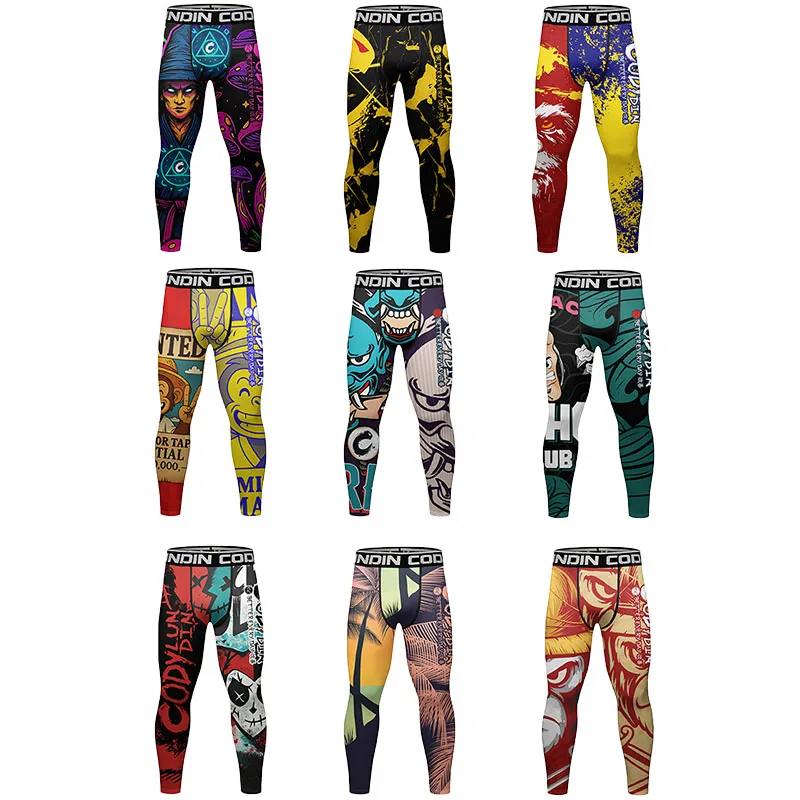 Men's Running Leggings Full Sublimaion Gym Workout Training Jogging Trousers Kickboxing wear MMA Compression Pants Tight Spats