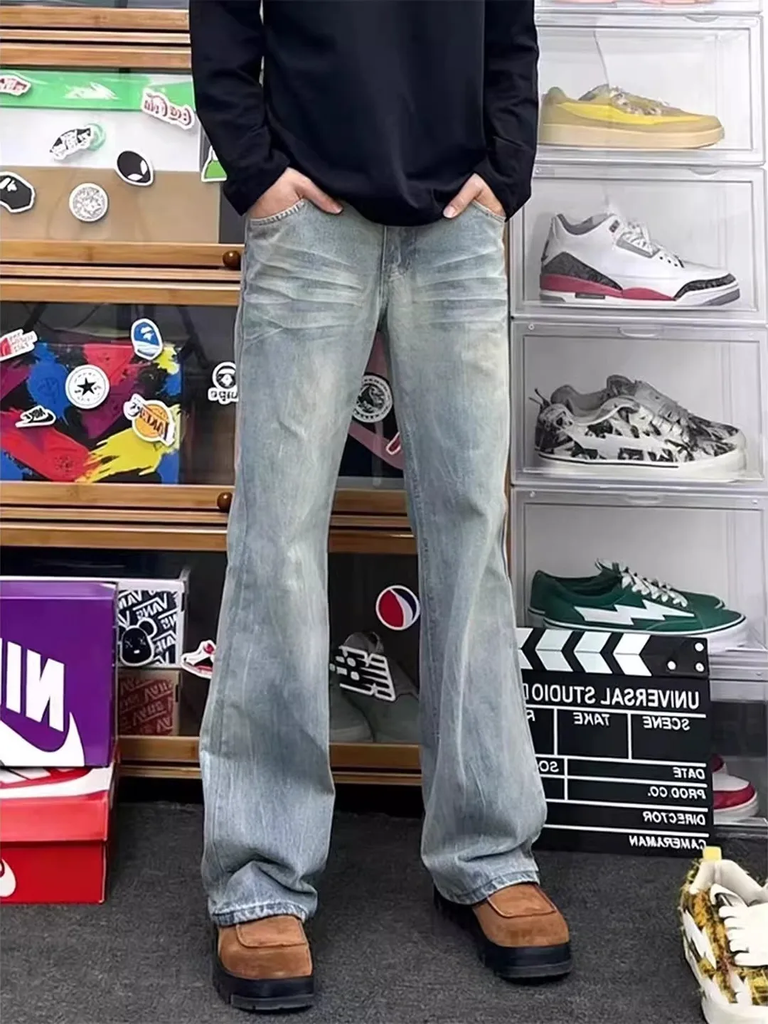 

Мужские джинсы в стиле ретро с узором молнии, зауженные, с легким клешем, на молнии, средней посадки, для весны и осени