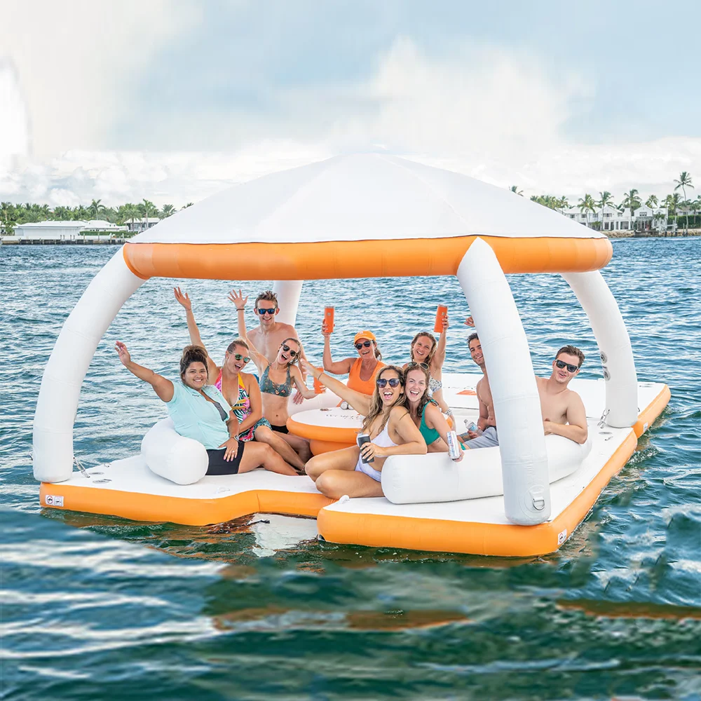 

New Design Summer Water Inflatable Floating Island Dock Inflatable Floating Leisure Platform With Tent