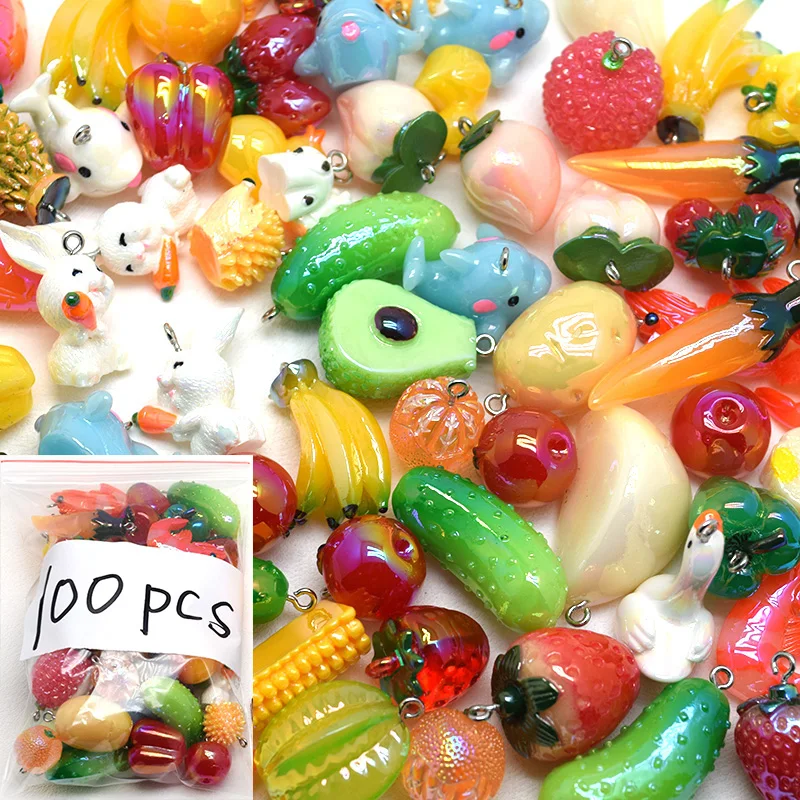 10/30/50pcs Wholesale Laser Fruit Animal Resin Charms Bulk Sale Cute Vegetable Pendant For Necklace Keychains Diy Jewelry Make