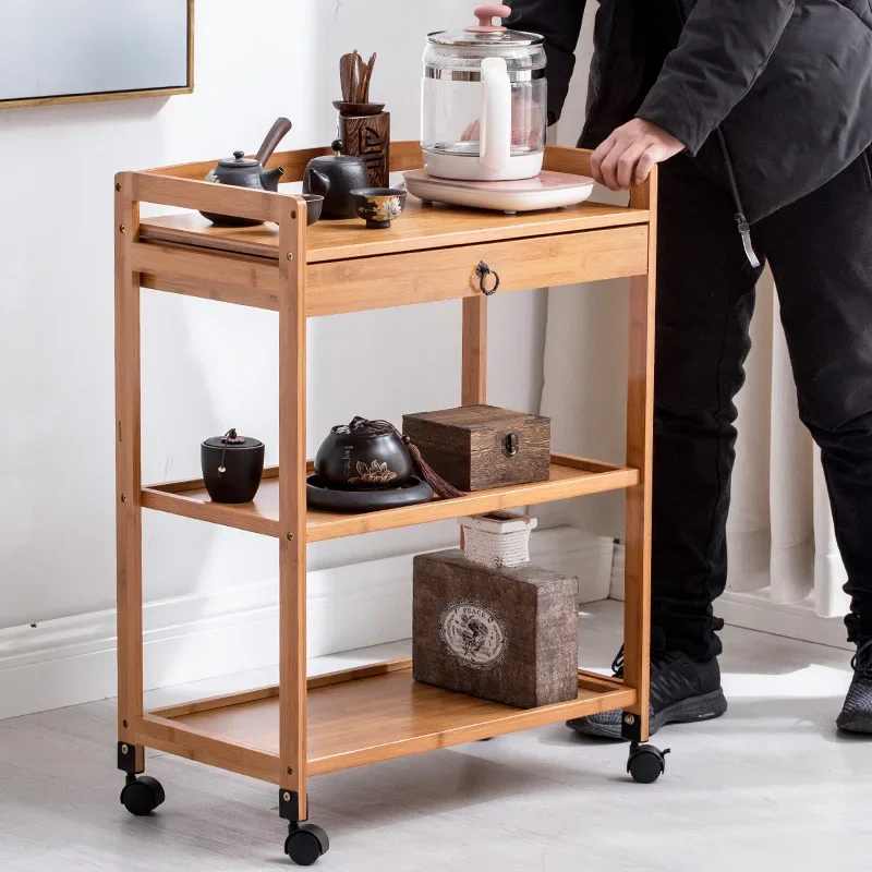 Solid Wood 3 Tier Shelf Serving Table with Wheels Drawer Kitchen Storage Cart Bar Cart Wine Tea Serving Cart Trolley