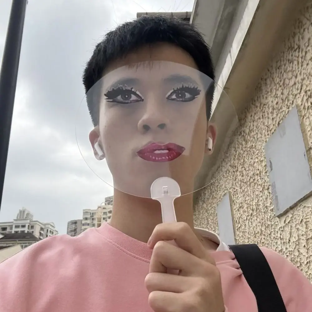 창의적인 과장된 투명 손부채 긴 속눈썹 PVC 프린트 빨간 입술 손부채 메이크업 재미있는 프린팅 부채 어린이 장난감