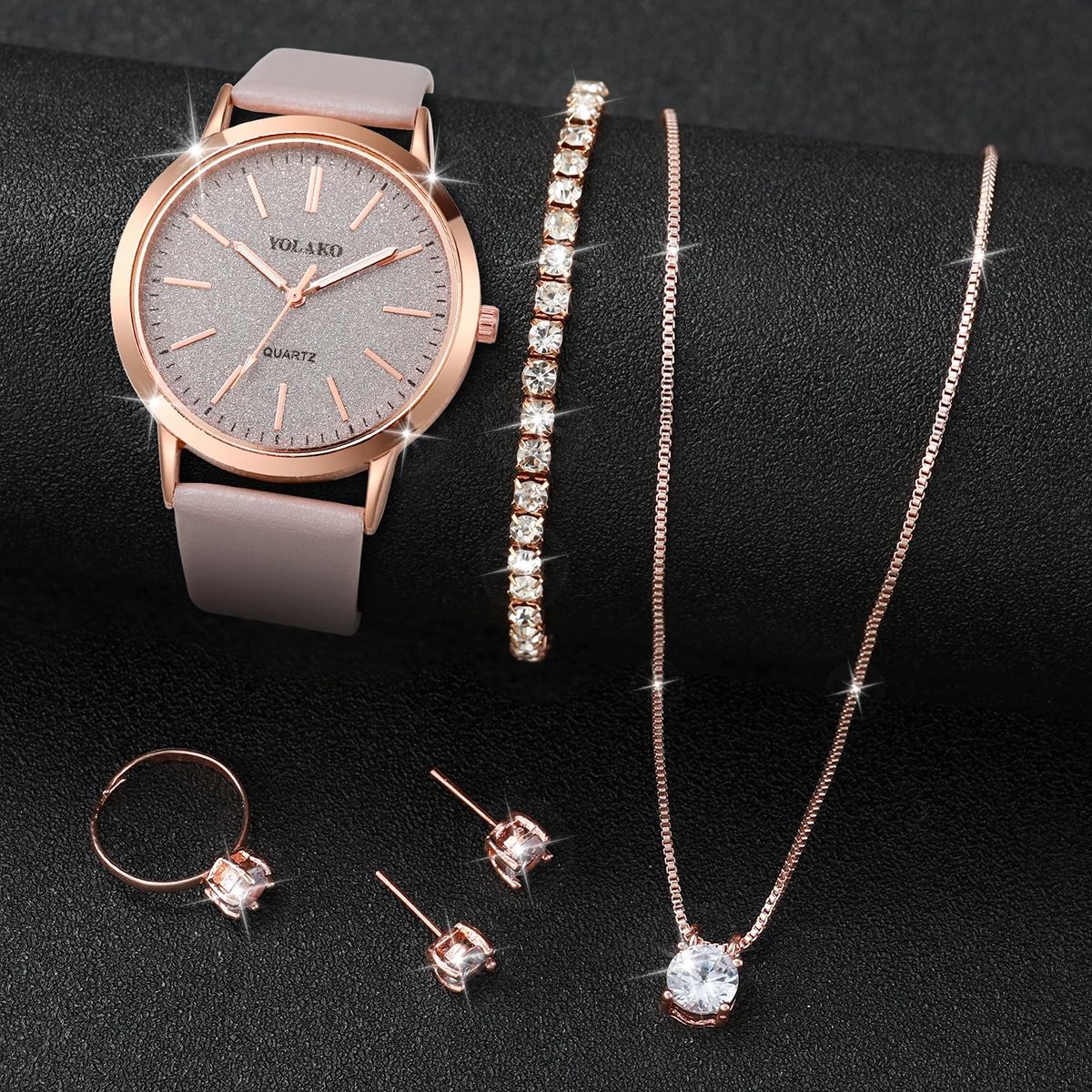 5PCS/Set Women Watches Diamond Jewelry Set Fashion Starry Sky Dial Ladies Leather Band Quartz Watch（Without Box）