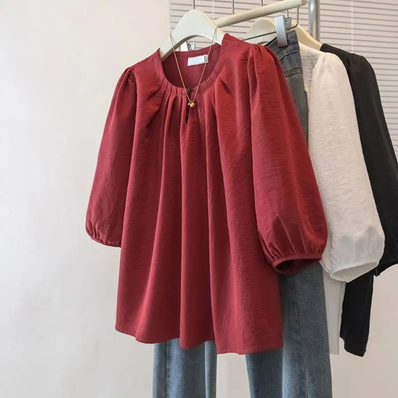 

Plus Size 3/4 Sleeve Simplicity Casual Blouse Spring Summer New Solid Loose Fashion Shirt Tops Vintage Harajuku Women Clothing