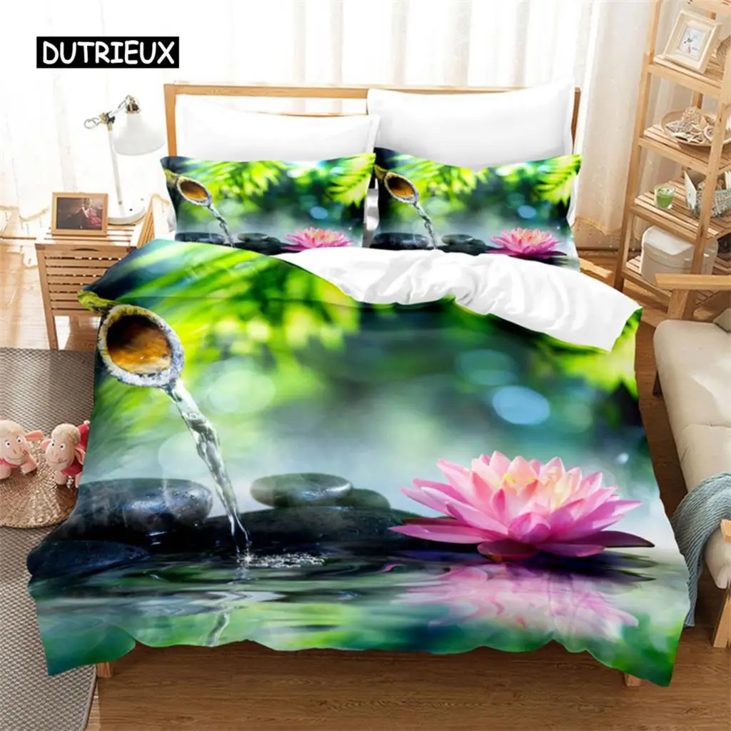 

Pink Lotus Duvet Cover Set Stream Water Natural Jingguan Bedding Set Full 200x200 220x240cm For Women Kids Bedroom Decorations