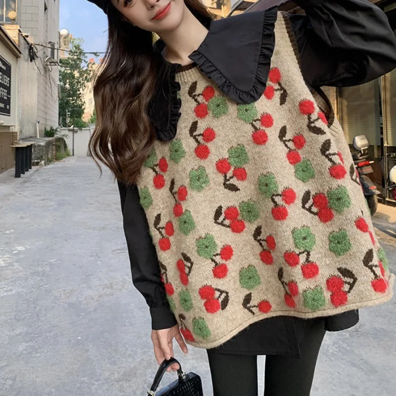 Hikigawa Chic Fashion Women Cherry Jacquard Sweater Knitted Vests Autumn Loose Streetwear Casual Sleeveless Outerwear Tops Mujer