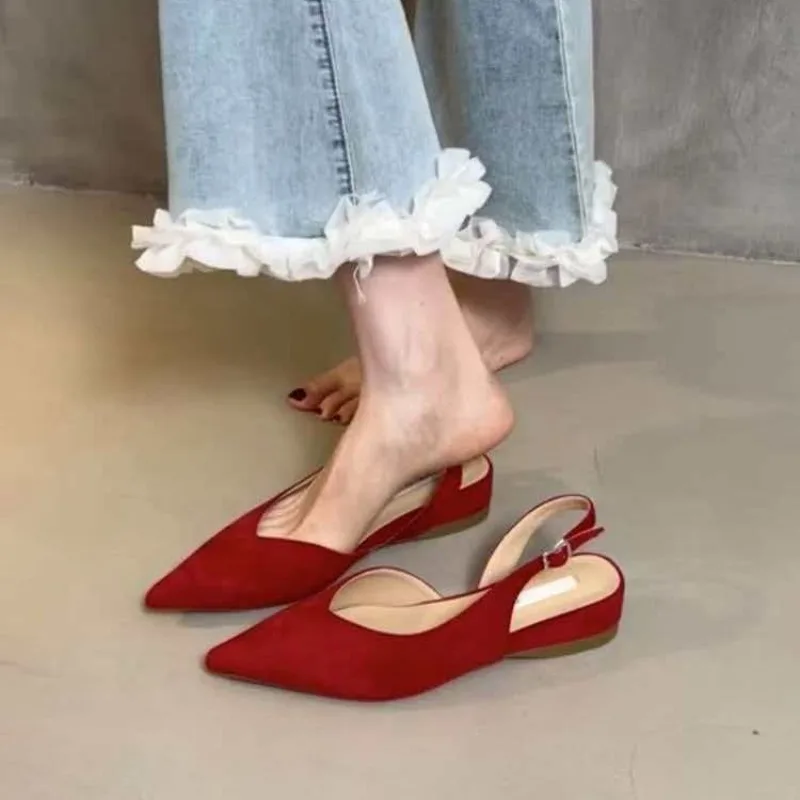 New Wedge Heel Gentle Baotou Women's Simple Slip-on Back Trip Strap Shallow Mouth Pointed Toe Sandals