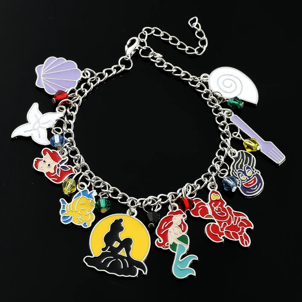 The Little Mermaid Metal Enamel Pendant Bracelet for Girl, Princess Ariel, Sebastian Cartoon Charm Bracelet, Classic Animated