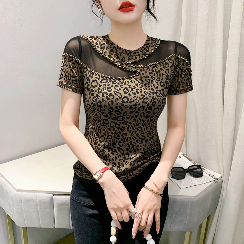 MadBlack Summer European Clothes T-Shirt Woman O Necks Mesh Patchwork Diamonds Slim Tops Short Sleeve Elastic Tees T34524C