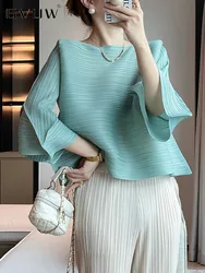 GVUW Pleated Women T Shirt Flare Sleeve Loose Round Collar Casual New Versatile Simplicity 2024 Fashion Female Clothing 17G6641