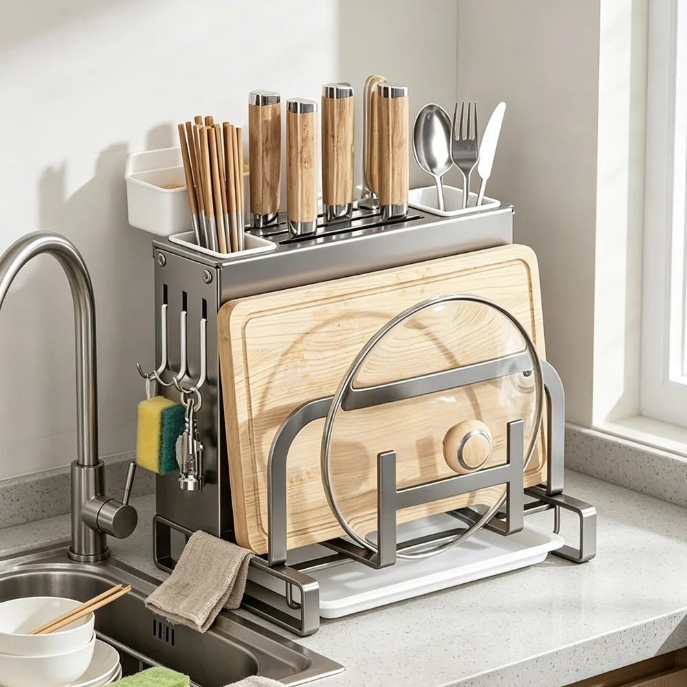Ensemble de supports de rangement de cuisine en acier inoxydable à fixation murale, multifonctionnel 3 en 1, comprenant un porte-couteaux, une planche à découper, un organisateur de couvercles de casseroles avec bac de récupération des gouttes, un organisateur de cuisine peu encombrant pour la maison, la cuisine, le restaurant, cadeau de pendaison de crémaillère.