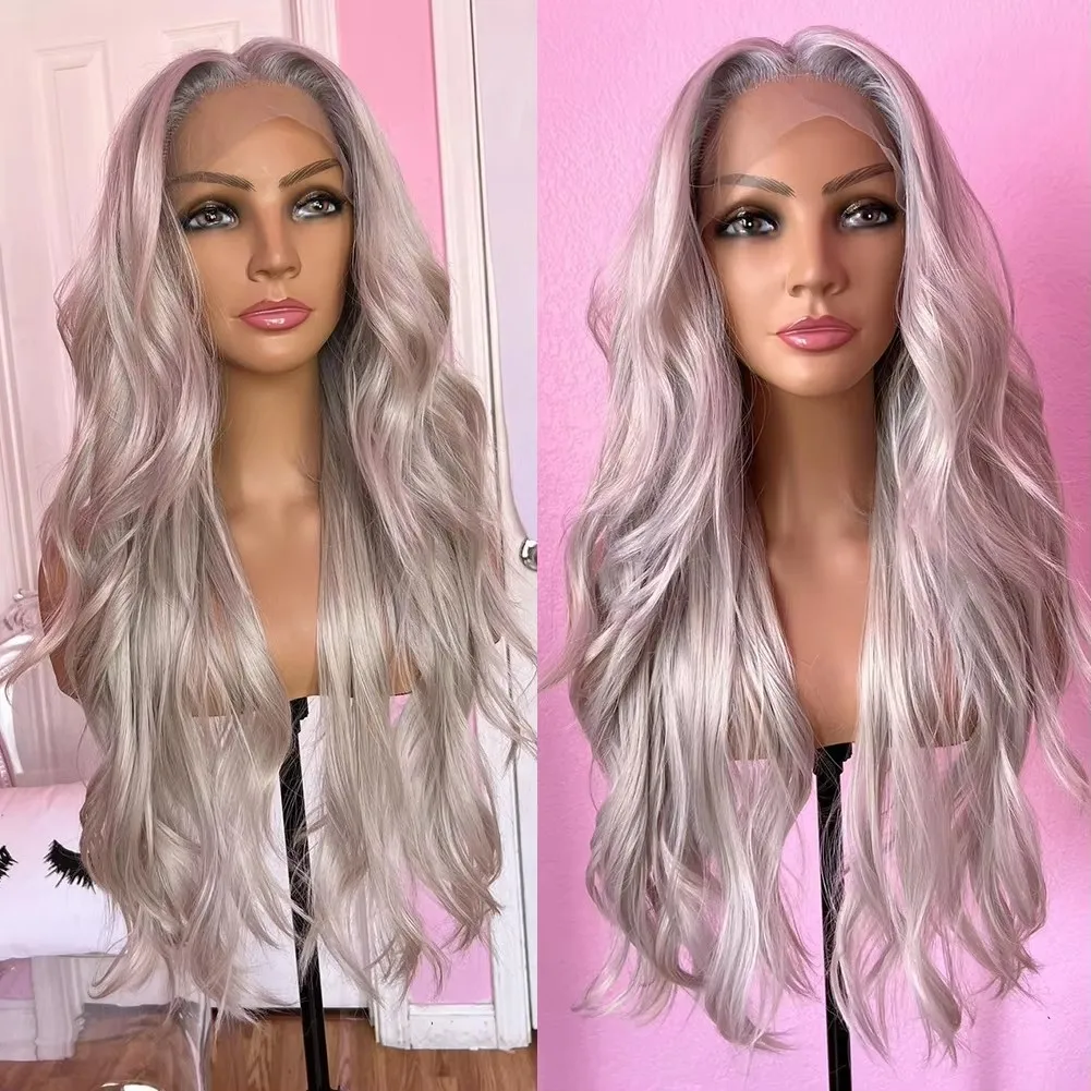 Capelli sintetici Biondo argento Onda del corpo Pre pizzicata 13x4 Parrucche anteriori in pizzo per donne nere Glueless Cosplay Parrucche da indossare ogni giorno