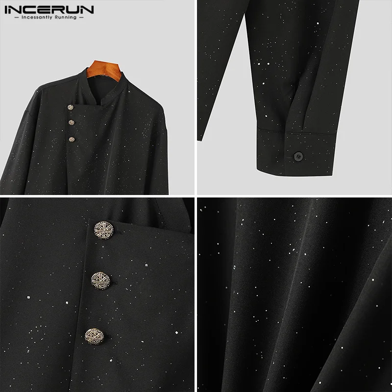 INCERUN Tops 2024 Korean Style Fashion Men Sparkling Pile Collar Slanted Placket Design Shirts Casual Long Sleeved Blouse S-5XL