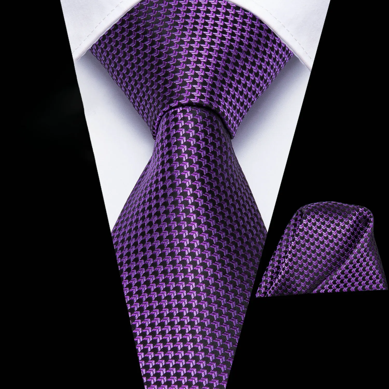 VERVEROW Men Purple Black Textured Necktie Pocket Square Set Elegant Formal Tie Handkerchief Suit for Business Wedding Ceremony