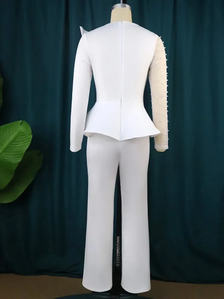 Dames elegante jumpsuit witte kralen tunieken met lange mouwen rechte wijde pijpen 1-delige outfit rompertjes voor feestavond verjaardagsavond