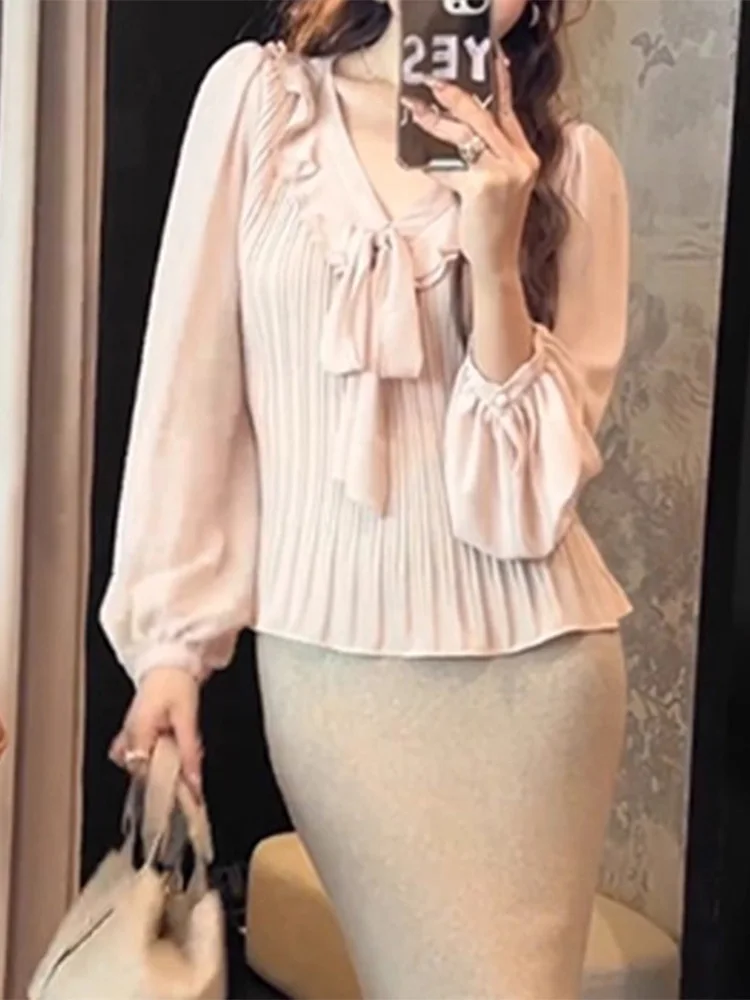 

Повседневный топ с плиссированной талией, простой, для работы, женский, премиум-качество, осенний, новый, с V-образным вырезом, длинный рукав