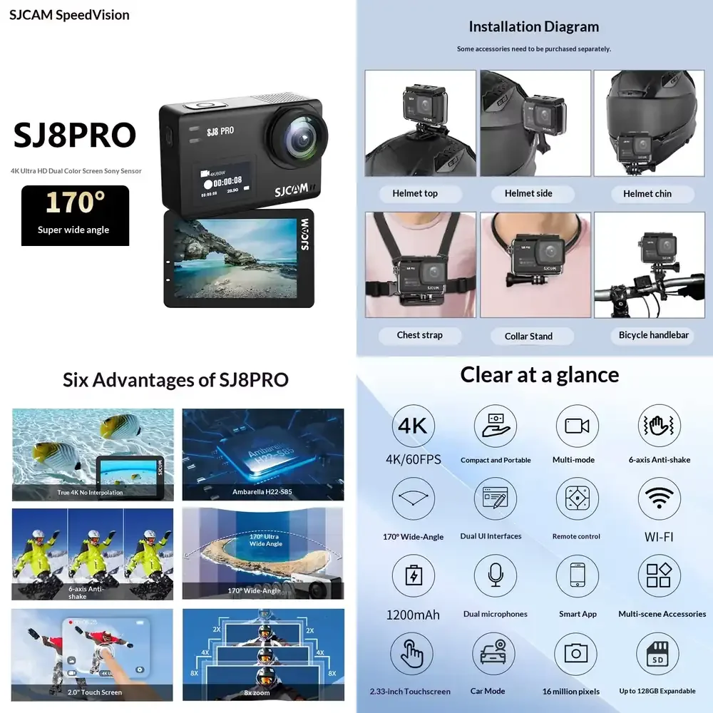 Hot Sale SJ8PRO Action Camera 4K 6-axis Stabilization Night Vision 170 Wide Angle for Extreme Sports Photography
