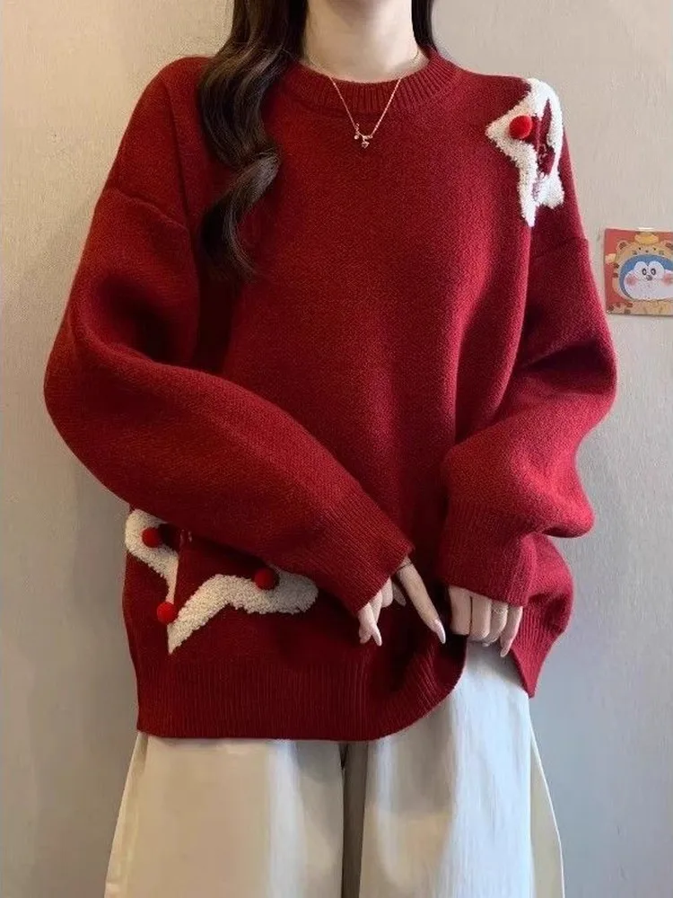 

Красный утепленный вязаный свитер для женщин: праздничный, уникальный дизайн, большие размеры, зимняя новинка, комфортный, повседневный, стильный