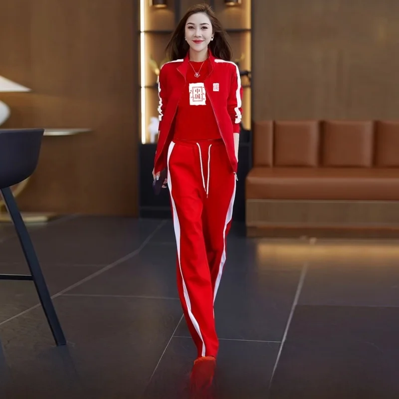 

Casual Sportswear Dance T Fitn Square Dance Outfit Tee-piece Set Women's Breathable Cotton Long Sve Zipper Design