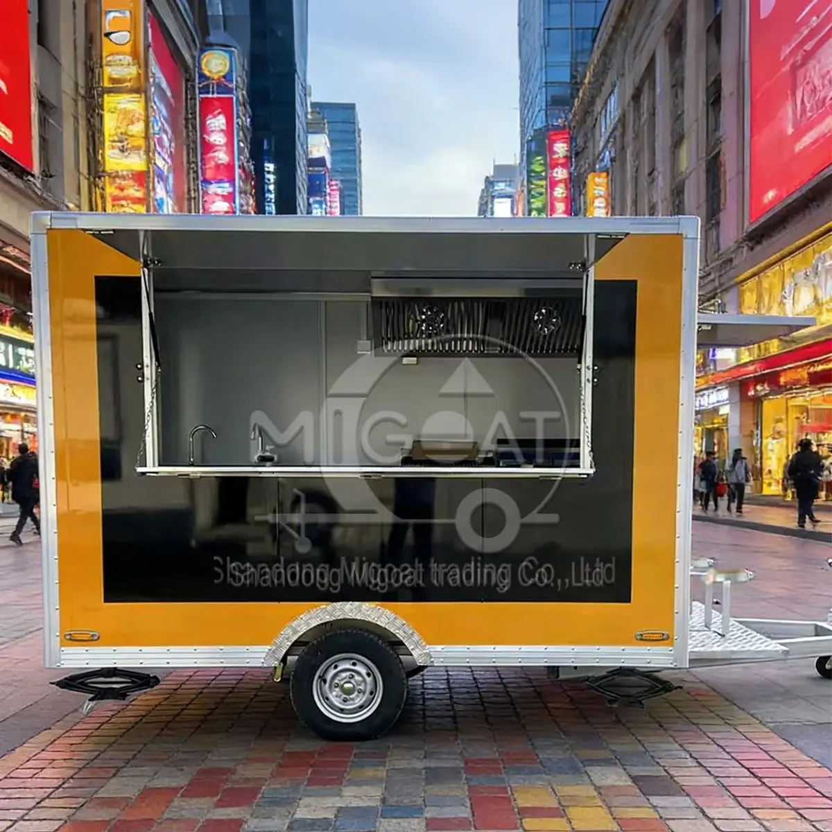 

Towing yellow and black color-blocked mobile snack trailer commercial vending cart night market food trailer