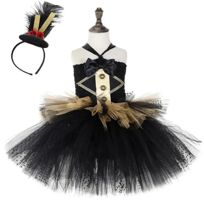 Children's Circus Trainer Costume Set, Girls' Black Fluffy Mesh Skirt, Halloween Party Stage Performance Outfit with Headband