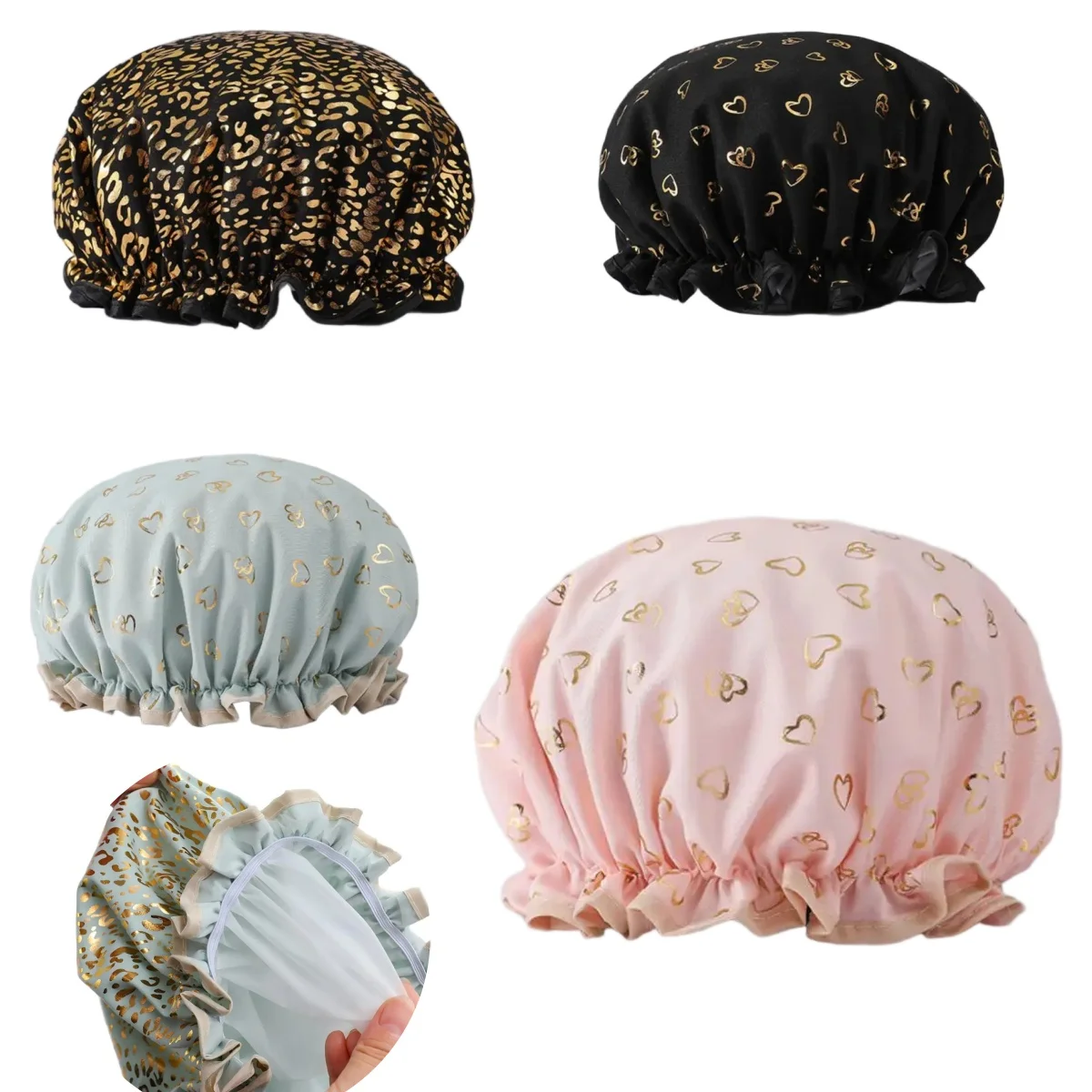 Shower Cap Double Layers Multifunctional Shower Hat Printing Polyester Cotton Hair Waterproof Breathable Dust-proof Bath