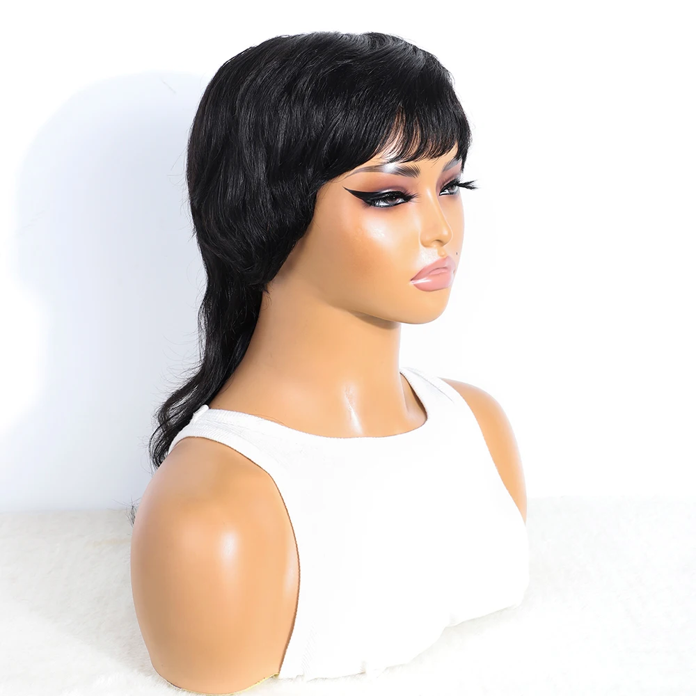 Human Hair Mullet Wig With Bangs  Dovetail Natural Black Pixie Cut Full Machine Made Wigs