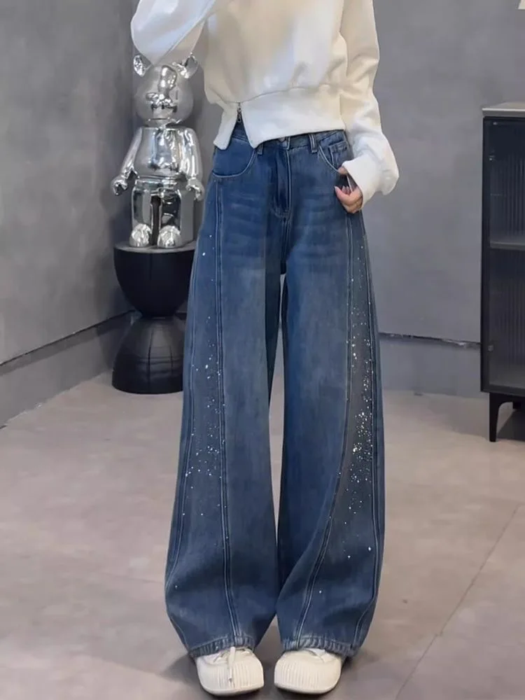 

American Retro Rhinestone Straight Leg Denim Jeans Women's Spring New High Street Loose Slimming Drapey Wide Leg Pants