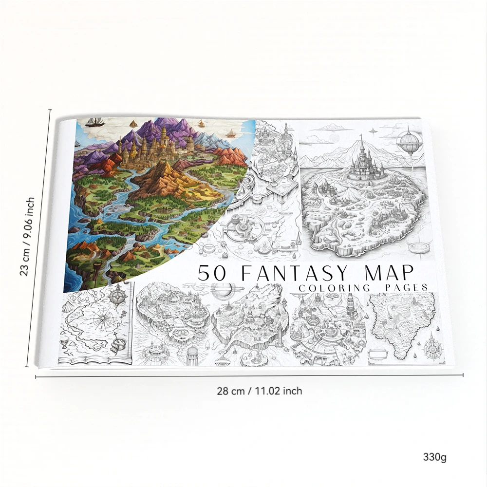 50 Fantasy Map Coloring Pages A4 Size Coloring Book Fantasy Coloring Cards Sheets 50 high-quality grayscale showcases intricate image 4