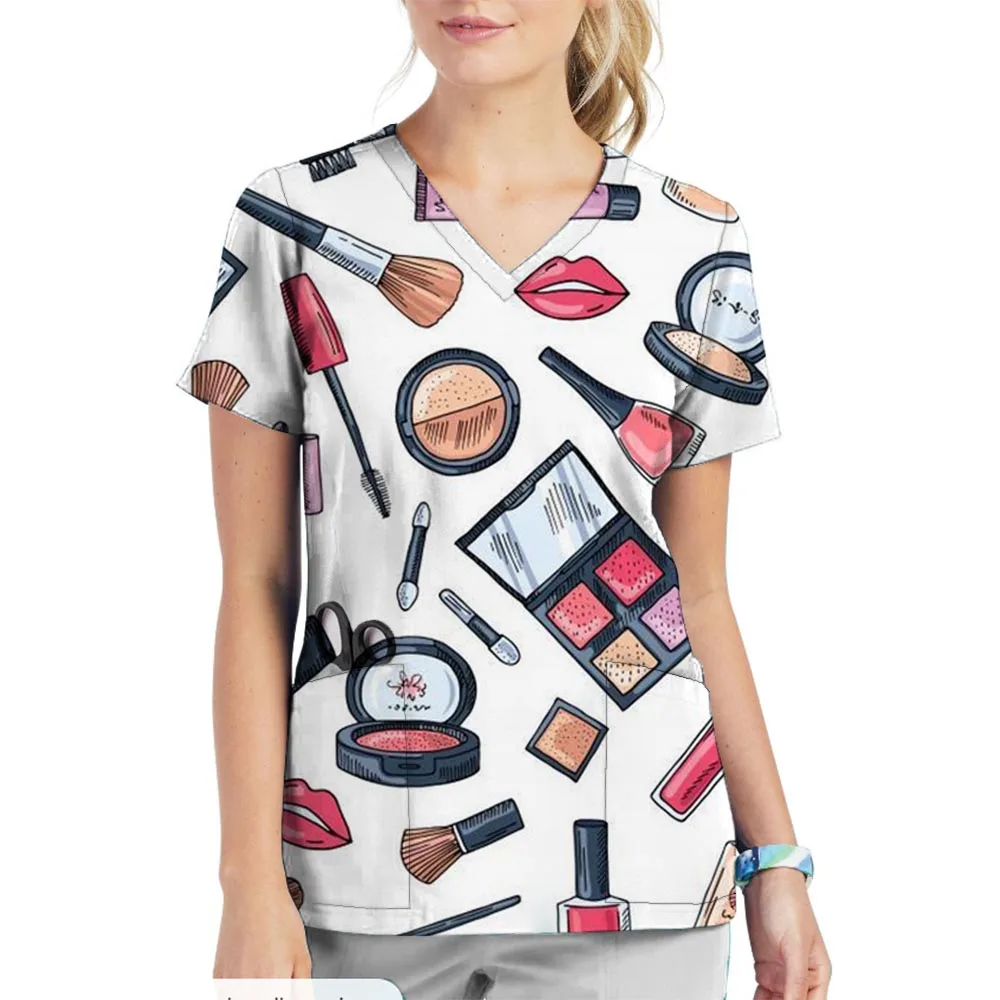 New Women Tops Cartoon Print Dentist Veterinary Nurse Fashion Slim Beauty Scrub Clothes Spa Nurse Medical Lab Medical Uniform