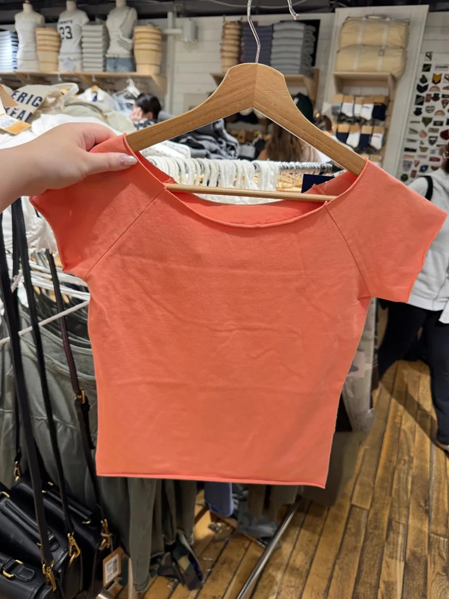 Orange Slash Neck Raw Hem Crop Tops Women Simple All-match Cotton Casual Slim T-shirts Female Sweet Chic Basic Cropped Tees Y2K view 4