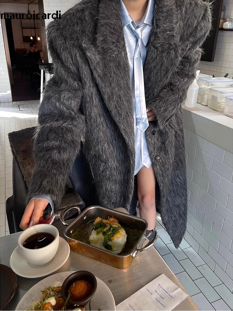 Mauroicardi Autumn Winter Oversized Extra Long Warm Thick Gray Wool & Blends Coat Women Loose Casual Fluffy Korean Fashion 2024