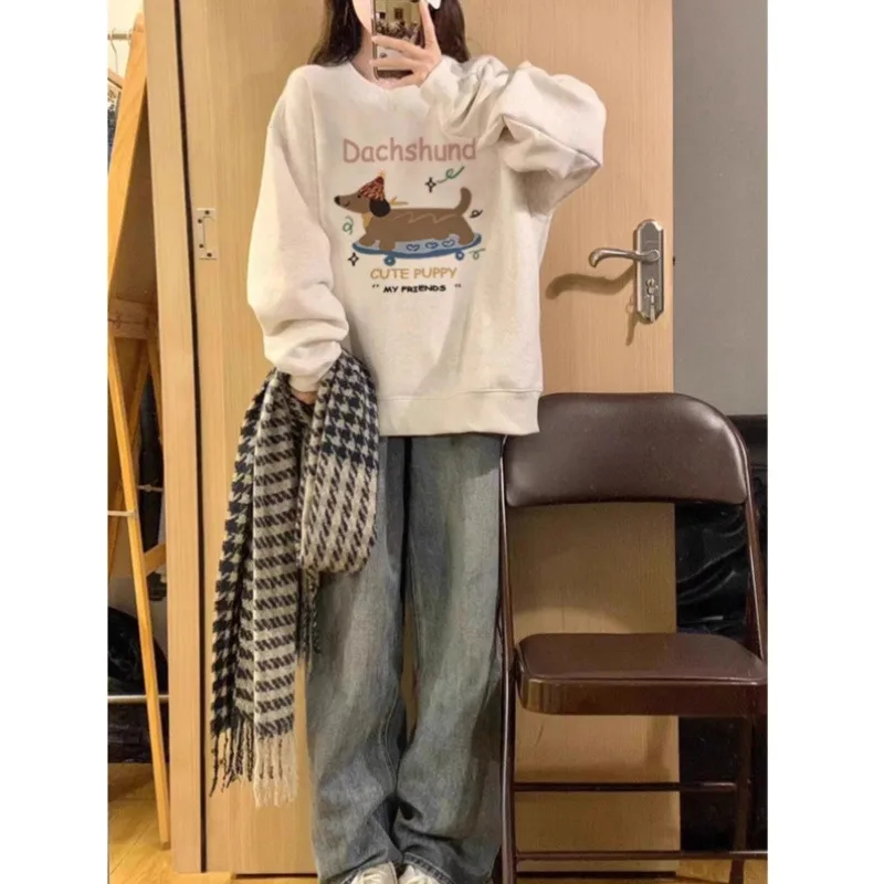 Korean Dachshund Print Plush Sweatshirt Women Autumn Winter 2025New Oversize O-Neck Loose Pullover Hoodie Y2K Top kawaii clothes