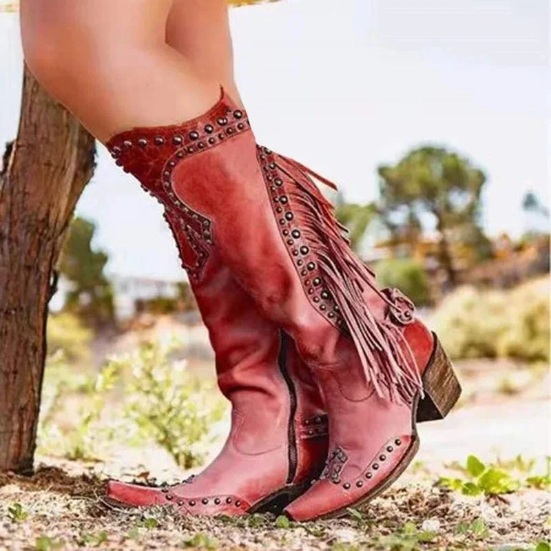

Fringed Rivet Knee-High Boots Thick Mid-Heel Soft Leather Women Botines Soft Leather Side Zipper Knight Botas Femininas