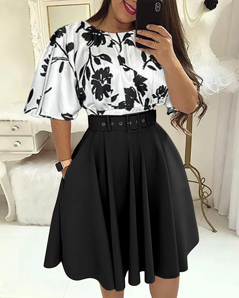 

Women's A-Line Dress Temperament Commuting Female Clothing New Women Floral Print Colorblock Flare Sleeve Elegant Work Dress