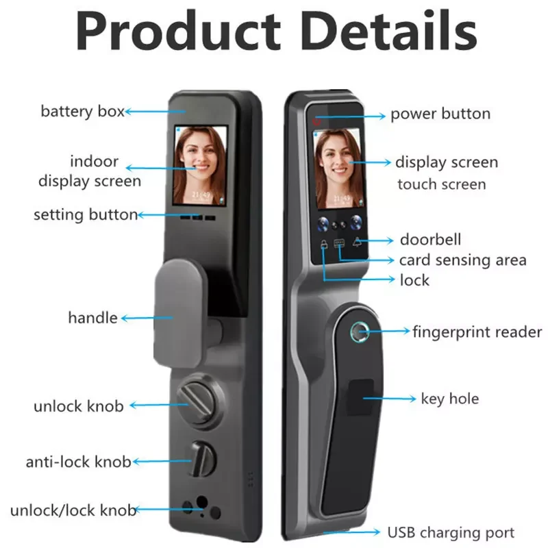 100 Face TUYA WIFI Remote Unlock 3D Face Recognition Smart Door Lock With Camera Fingerprint Palm Print Swip Card Password Key