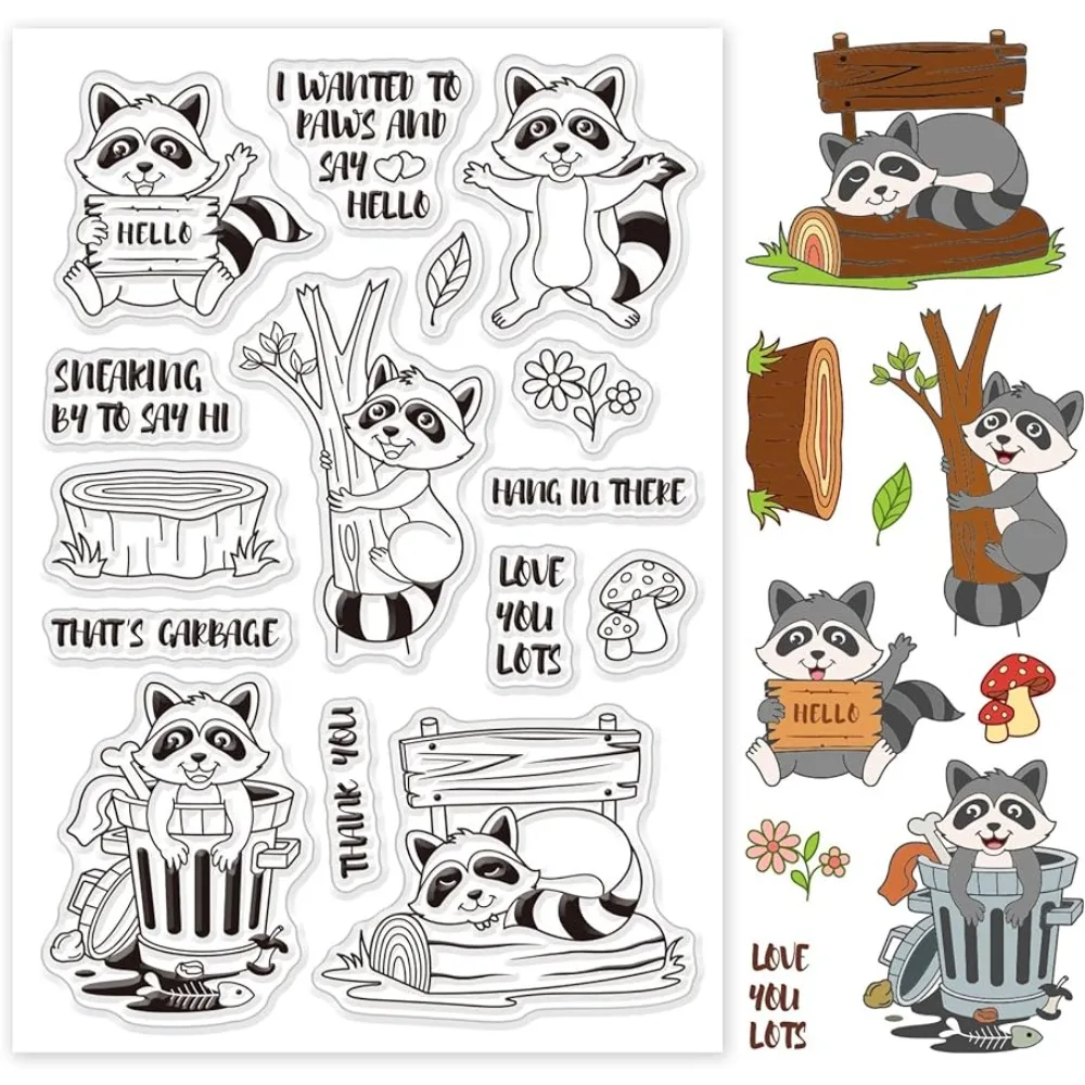 Raccoons Silicone Clear Stamps Animals Transparent Stamps for Birthday Easter Valentine's Day Cards Making DIY Scrapbook Photo