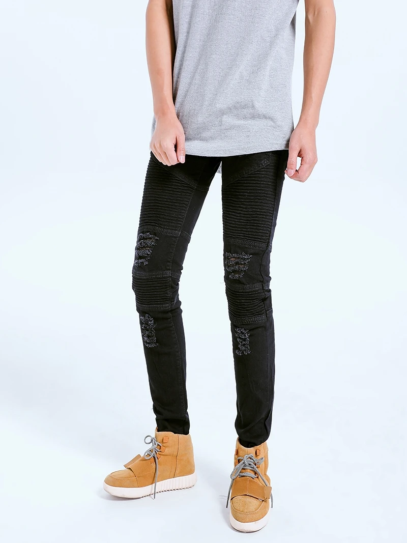 

Motorcycle Sle Men's Jeans High Street Elastic Slim Fit Pants Cuffed Ripped Denim Punk Youth Casual Long Trousers