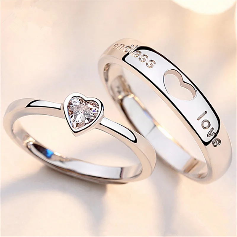 2Pcs/set Zircon Heart Matching Couple Ring For Women Men Forever Endless Love Opening Ring Charm Valentine's Day Wedding Jewelry