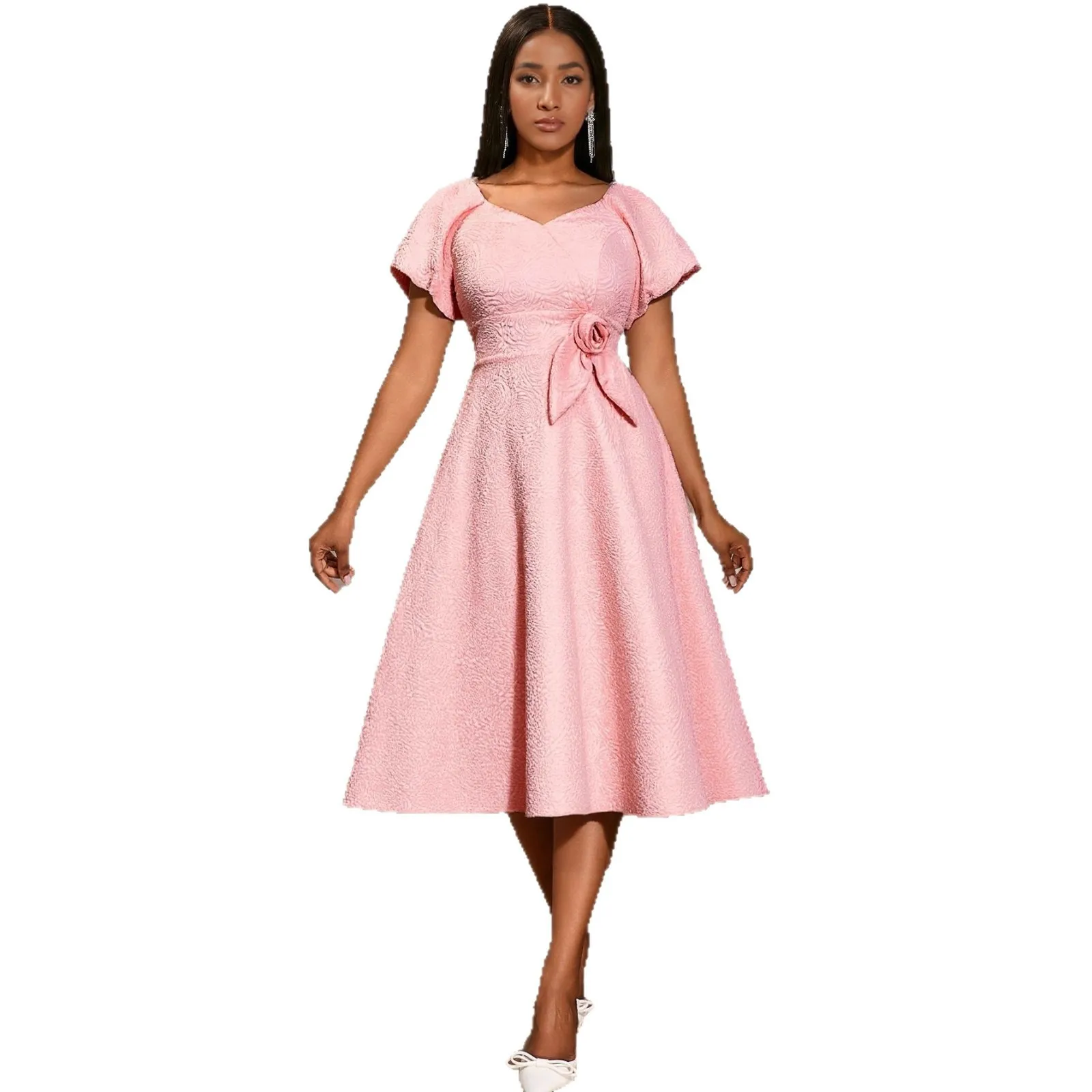 

Eegant Bubble Sleeves Three-dimensional Flower Pink Knee Length Birthday Party Dress With Short Sleeves